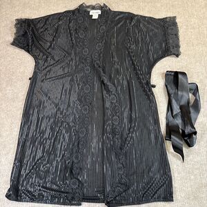 Nite Images Black Sheer Striped Lace Trim Kimono‎ Robe Tie Belt Size Small